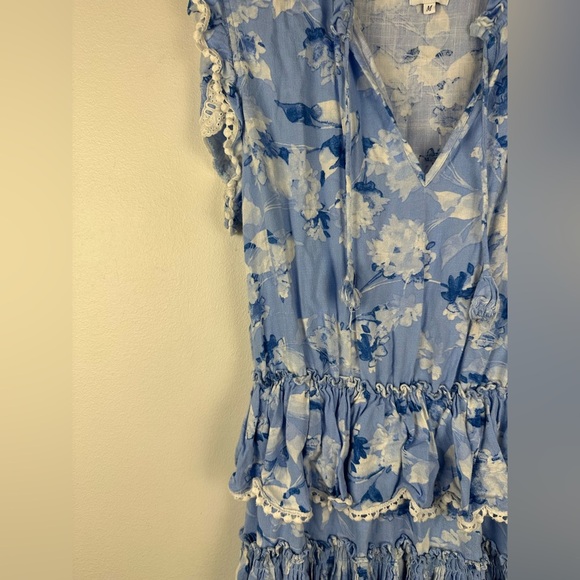 Misa Los Angeles Lilian Dress Blue Tiered Linen Floral Mini Ruffle Women’s Sz M - Picture 6 of 8